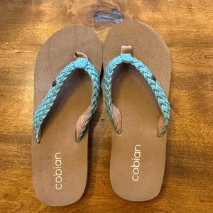Cobian Women's Sandals with Braided Aqua Straps and Tan Footbed